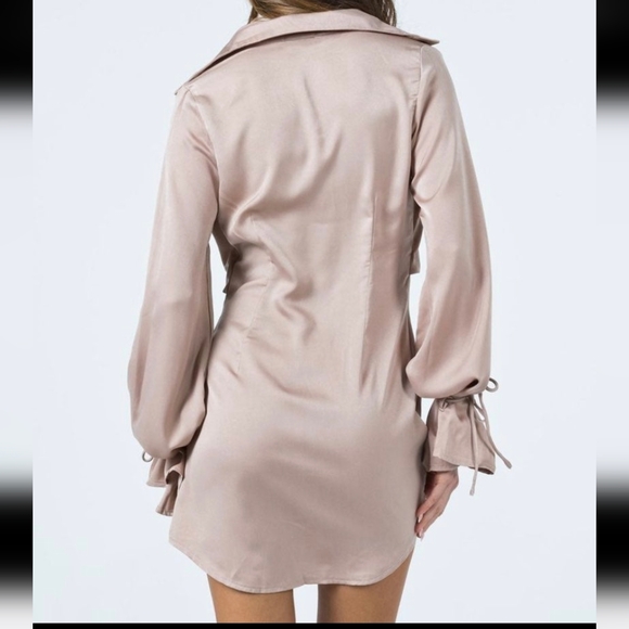 Princess Polly Liberty Beige satin tie-front long sleeve Mini dress - Picture 5 of 6